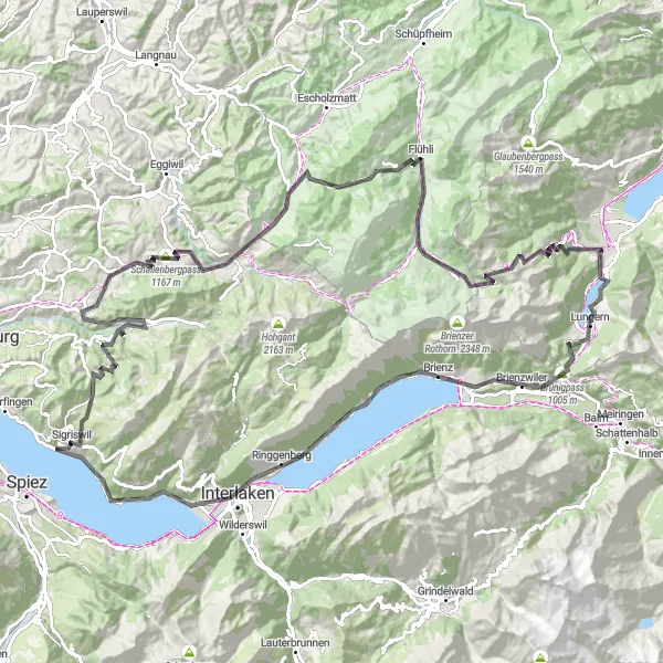 Zemljevid v pomanjšavi "Sigriswil - Gut Ralligen - Schönberg" kolesarske inspiracije v Espace Mittelland, Switzerland. Generirano z načrtovalcem kolesarskih poti Tarmacs.app
