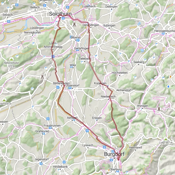 Miniatura della mappa di ispirazione al ciclismo "Giro in bicicletta Gravel a Solothurn" nella regione di Espace Mittelland, Switzerland. Generata da Tarmacs.app, pianificatore di rotte ciclistiche