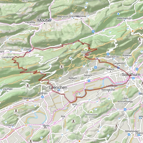 Miniatura della mappa di ispirazione al ciclismo "Scopri gli itinerari in bicicletta da Solothurn: Vedute panoramiche e natura incontaminata" nella regione di Espace Mittelland, Switzerland. Generata da Tarmacs.app, pianificatore di rotte ciclistiche