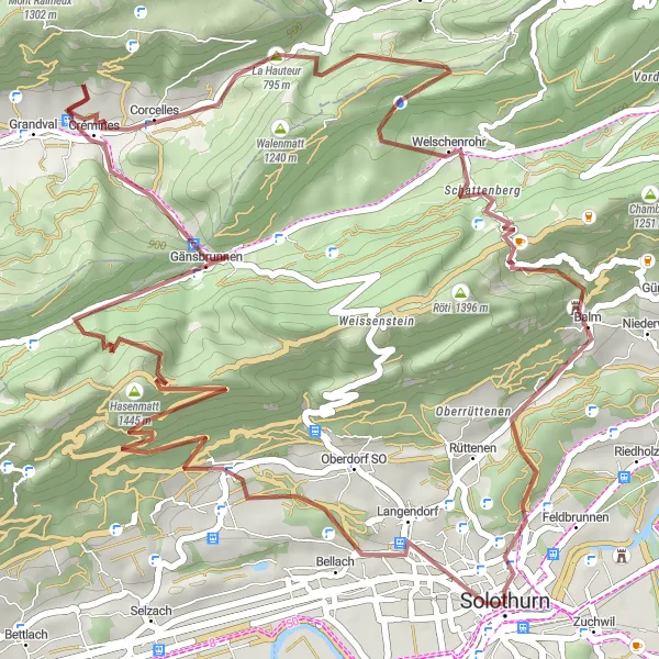 Map miniature of "Gravel Adventure to Gänsbrunnen" cycling inspiration in Espace Mittelland, Switzerland. Generated by Tarmacs.app cycling route planner