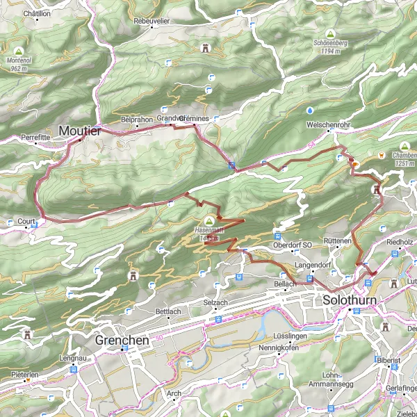 Miniatura della mappa di ispirazione al ciclismo "Giro in bicicletta da Solothurn: Percorso gravel con viste mozzafiato" nella regione di Espace Mittelland, Switzerland. Generata da Tarmacs.app, pianificatore di rotte ciclistiche