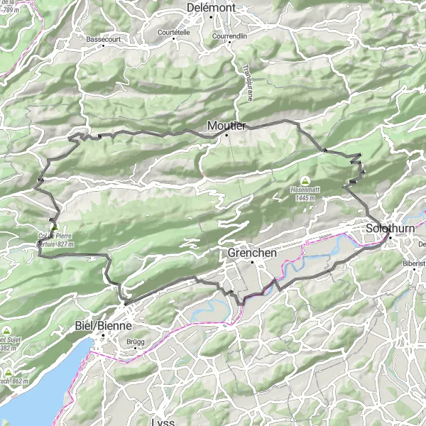 Miniatura della mappa di ispirazione al ciclismo "Giro in bicicletta da Solothurn a Solothurn" nella regione di Espace Mittelland, Switzerland. Generata da Tarmacs.app, pianificatore di rotte ciclistiche