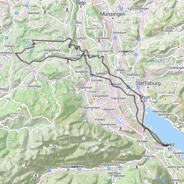 Zemljevid v pomanjšavi "Kolesarska pot Spiez - Kloster Rüeggisberg" kolesarske inspiracije v Espace Mittelland, Switzerland. Generirano z načrtovalcem kolesarskih poti Tarmacs.app