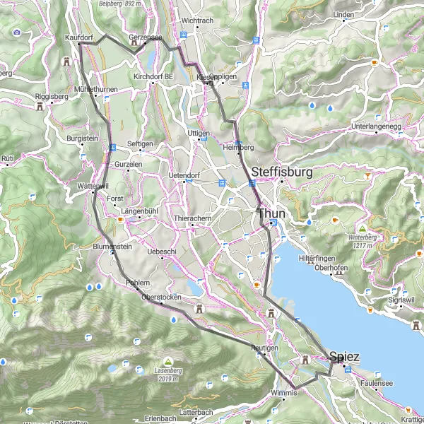 Zemljevid v pomanjšavi "Krožna pot Spiez-Thun-Kaufdorf" kolesarske inspiracije v Espace Mittelland, Switzerland. Generirano z načrtovalcem kolesarskih poti Tarmacs.app