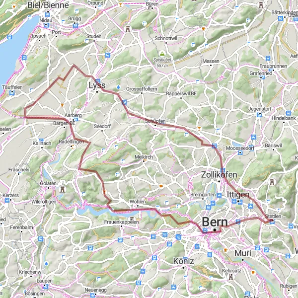 Zemljevid v pomanjšavi "Scenic Gravel Tour to Lyss" kolesarske inspiracije v Espace Mittelland, Switzerland. Generirano z načrtovalcem kolesarskih poti Tarmacs.app