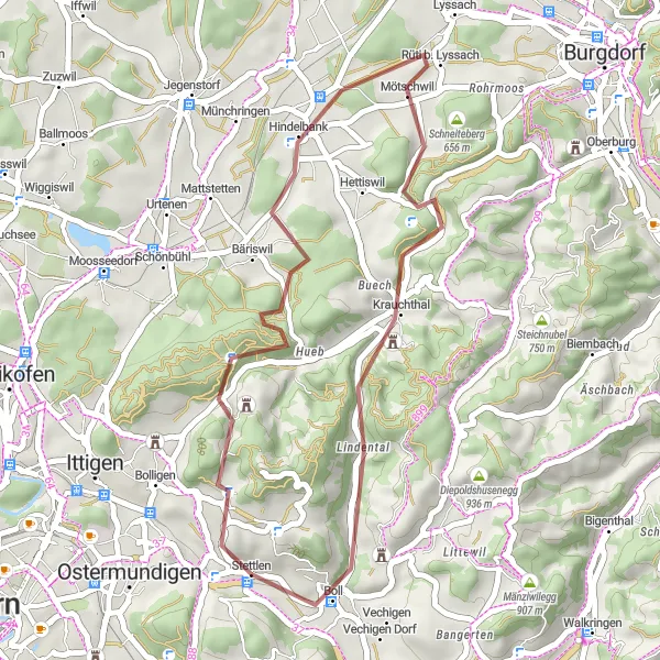 Map miniature of "Bantiger and Hindelbank Gravel Ride" cycling inspiration in Espace Mittelland, Switzerland. Generated by Tarmacs.app cycling route planner