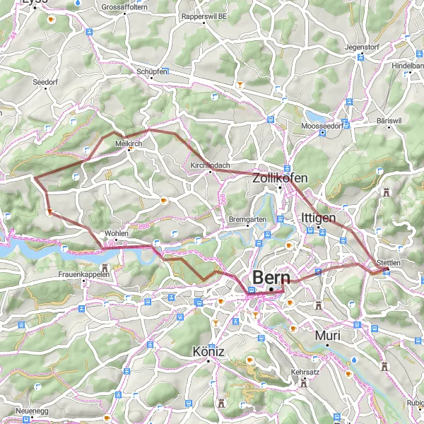 Miniature de la carte de l'inspiration cycliste "Boucle à travers les villages" dans la Espace Mittelland, Switzerland. Générée par le planificateur d'itinéraire cycliste Tarmacs.app