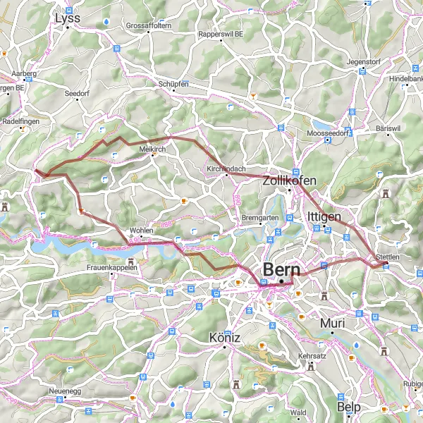 Miniaturní mapa "Poznávací gravelová route okolo Bernu" inspirace pro cyklisty v oblasti Espace Mittelland, Switzerland. Vytvořeno pomocí plánovače tras Tarmacs.app