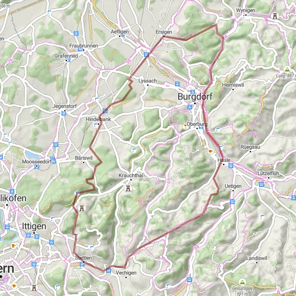 Miniatua del mapa de inspiración ciclista "Ruta de Grava por Bantiger y Längeberg" en Espace Mittelland, Switzerland. Generado por Tarmacs.app planificador de rutas ciclistas