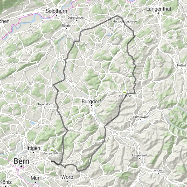 Kartminiatyr av "Vägcykling till Lüüseberg" cykelinspiration i Espace Mittelland, Switzerland. Genererad av Tarmacs.app cykelruttplanerare