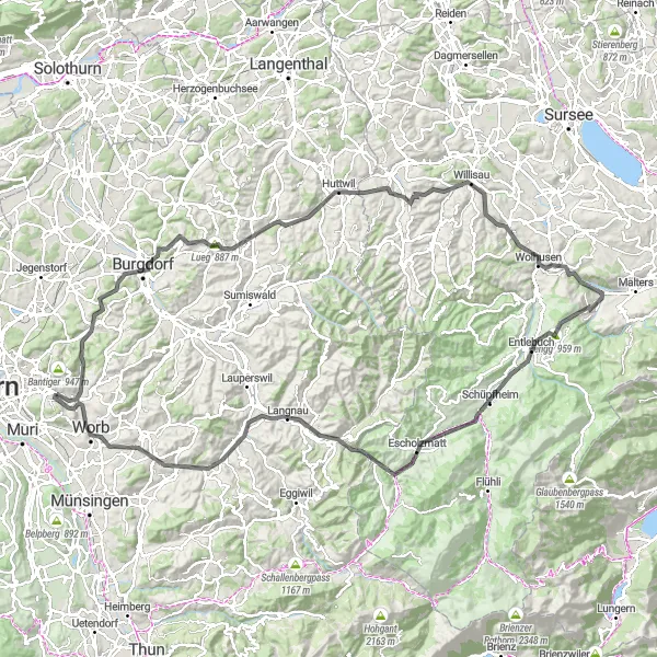 Miniatua del mapa de inspiración ciclista "Ruta en Carretera por Burgdorf y Langnau" en Espace Mittelland, Switzerland. Generado por Tarmacs.app planificador de rutas ciclistas