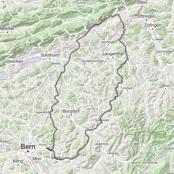 Miniaturekort af cykelinspirationen "Panorama Road Loop from Stettlen" i Espace Mittelland, Switzerland. Genereret af Tarmacs.app cykelruteplanlægger