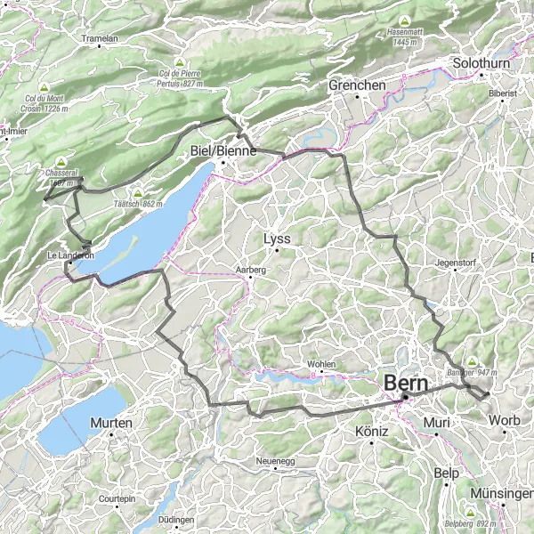 Miniatua del mapa de inspiración ciclista "Ruta desafiante desde Stettlen a Schnottwil" en Espace Mittelland, Switzerland. Generado por Tarmacs.app planificador de rutas ciclistas