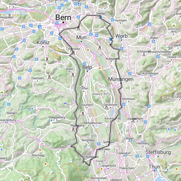 Miniatua del mapa de inspiración ciclista "Ruta de ciclismo de carretera por Stettlen a través de Riggisberg" en Espace Mittelland, Switzerland. Generado por Tarmacs.app planificador de rutas ciclistas