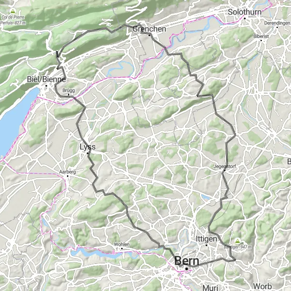Miniature de la carte de l'inspiration cycliste "Le Tour de Bern et Lyss" dans la Espace Mittelland, Switzerland. Générée par le planificateur d'itinéraire cycliste Tarmacs.app