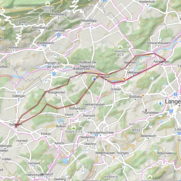 Miniatua del mapa de inspiración ciclista "Ruta de ciclismo de grava cerca de Subingen" en Espace Mittelland, Switzerland. Generado por Tarmacs.app planificador de rutas ciclistas