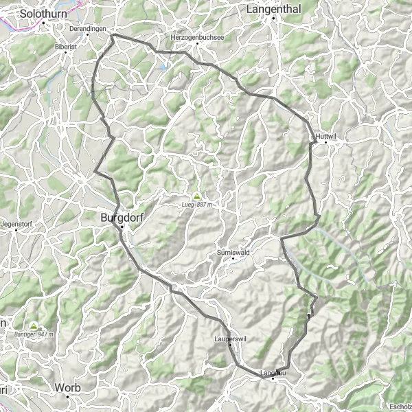 Miniature de la carte de l'inspiration cycliste "Circuit à vélo à travers les vallées suisses" dans la Espace Mittelland, Switzerland. Générée par le planificateur d'itinéraire cycliste Tarmacs.app