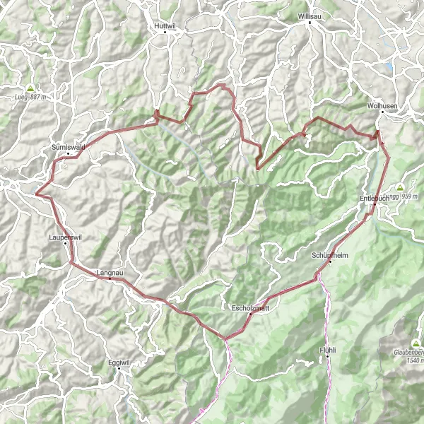 Miniature de la carte de l'inspiration cycliste "Grande boucle de Sumiswald à Trachselwald" dans la Espace Mittelland, Switzerland. Générée par le planificateur d'itinéraire cycliste Tarmacs.app