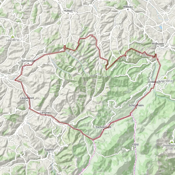 Miniatura della mappa di ispirazione al ciclismo "Percorso in bicicletta su sterrato da Sumiswald a Trachselwald" nella regione di Espace Mittelland, Switzerland. Generata da Tarmacs.app, pianificatore di rotte ciclistiche