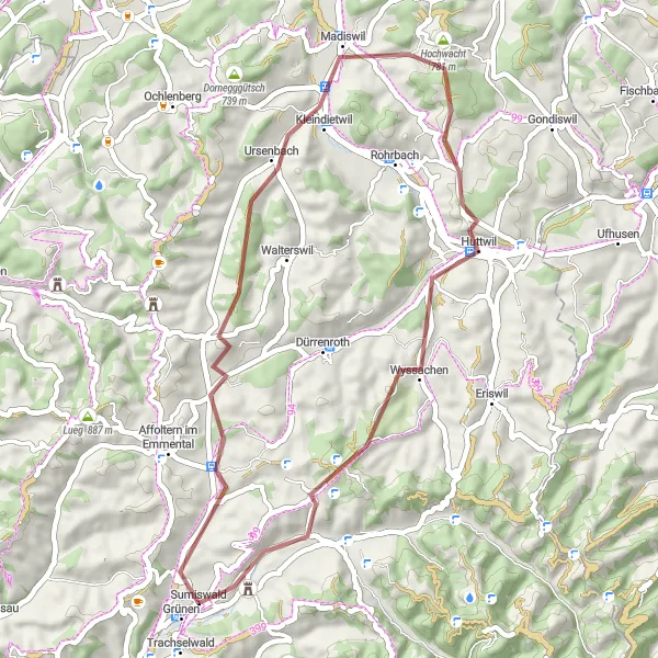 Zemljevid v pomanjšavi "Pot okoli Oeschenbach in Schloss Spittel" kolesarske inspiracije v Espace Mittelland, Switzerland. Generirano z načrtovalcem kolesarskih poti Tarmacs.app