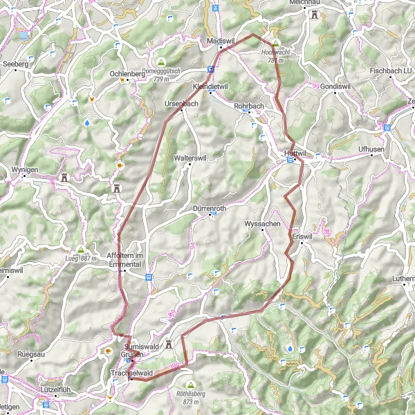 Miniatua del mapa de inspiración ciclista "Ruta por caminos de grava desde Oeschenbach hasta Schloss Trachselwald" en Espace Mittelland, Switzerland. Generado por Tarmacs.app planificador de rutas ciclistas