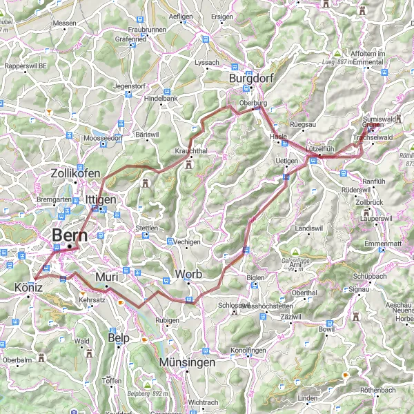 Miniatua del mapa de inspiración ciclista "Excursión en bicicleta por caminos de grava desde Schloss Trachselwald hasta Trachselwald" en Espace Mittelland, Switzerland. Generado por Tarmacs.app planificador de rutas ciclistas
