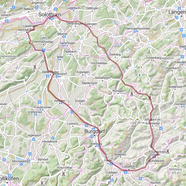Karttaminiaatyyri "Hiekka- ja soraosuudet Burgdorfin maisemissa" pyöräilyinspiraatiosta alueella Espace Mittelland, Switzerland. Luotu Tarmacs.app pyöräilyreittisuunnittelijalla