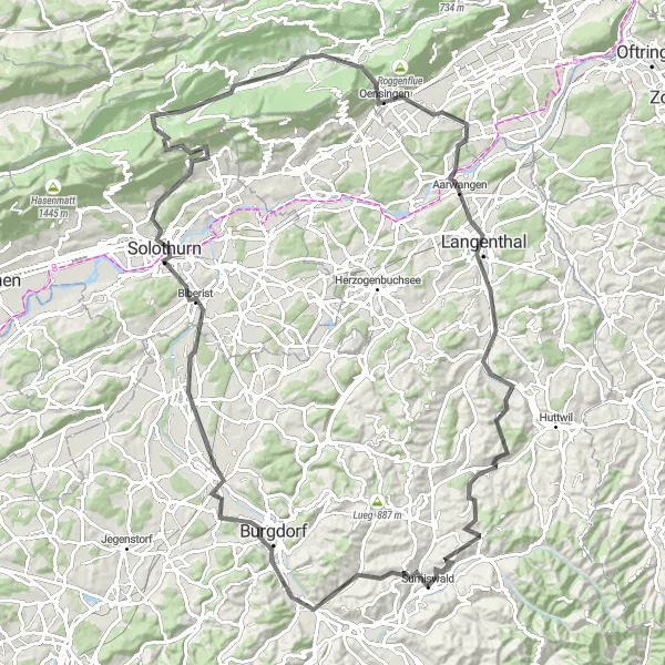 Miniatura mapy "Trasa Wiodąca Przez Malownicze Wzgórza i Miasta" - trasy rowerowej w Espace Mittelland, Switzerland. Wygenerowane przez planer tras rowerowych Tarmacs.app