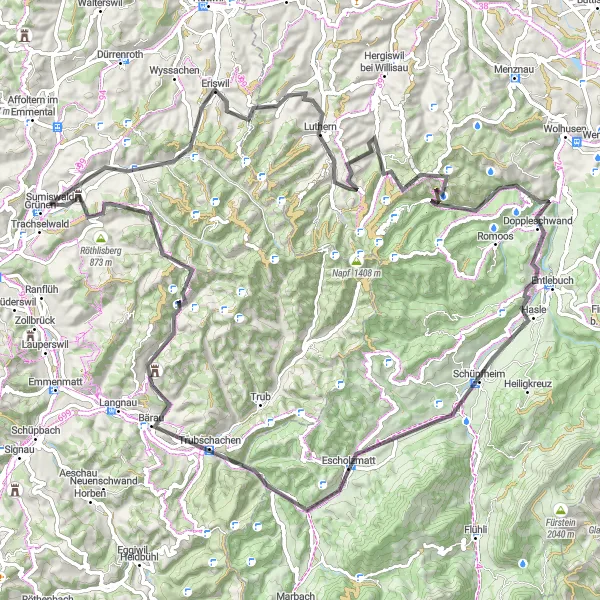 Zemljevid v pomanjšavi "Kolesarska pot od Sumiswalda do Schloss Spittel" kolesarske inspiracije v Espace Mittelland, Switzerland. Generirano z načrtovalcem kolesarskih poti Tarmacs.app