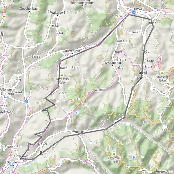 Miniaturní mapa "Road route through Huttwil and Schloss Spittel" inspirace pro cyklisty v oblasti Espace Mittelland, Switzerland. Vytvořeno pomocí plánovače tras Tarmacs.app