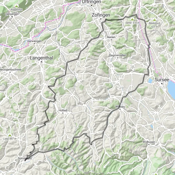 Map miniature of "Sumiswald Road Adventure" cycling inspiration in Espace Mittelland, Switzerland. Generated by Tarmacs.app cycling route planner