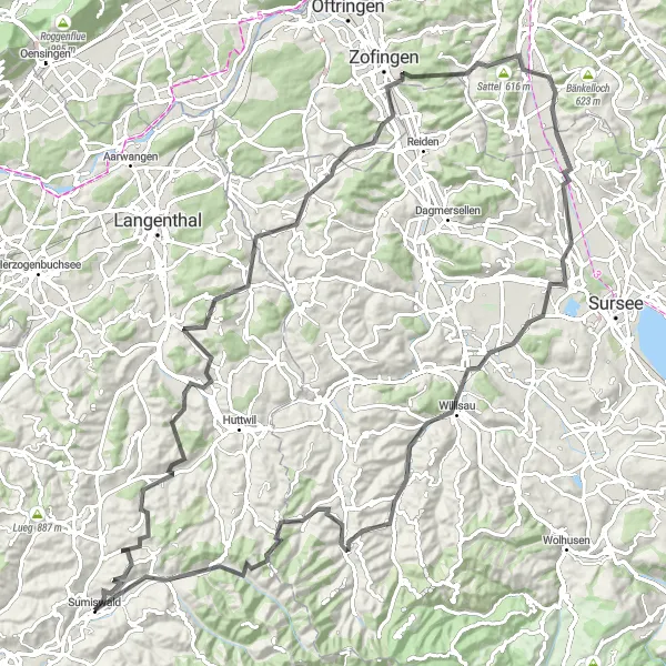 Miniatuurkaart van de fietsinspiratie "109 km lange wegroute rond Sumiswald" in Espace Mittelland, Switzerland. Gemaakt door de Tarmacs.app fietsrouteplanner