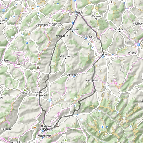 Miniatua del mapa de inspiración ciclista "Ruta en carretera desde Trachselwald hasta Schloss Trachselwald" en Espace Mittelland, Switzerland. Generado por Tarmacs.app planificador de rutas ciclistas