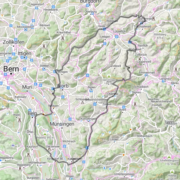 Mapa miniatúra "Okružná cyklistická trasa cez Trachselwald a Belp" cyklistická inšpirácia v Espace Mittelland, Switzerland. Vygenerované cyklistickým plánovačom trás Tarmacs.app