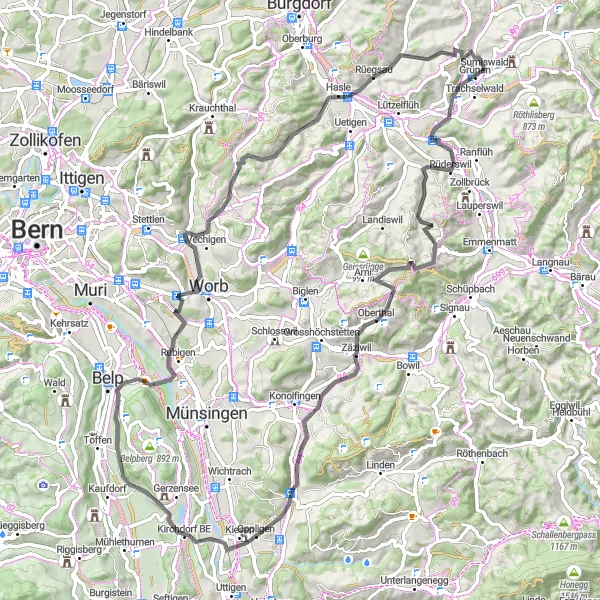 Karttaminiaatyyri "Trachselwald-Blasenfluh-Kirchdorf BE-Belp-Worb-Diepoldshusenegg-Rüegsau-Schufelbüel" pyöräilyinspiraatiosta alueella Espace Mittelland, Switzerland. Luotu Tarmacs.app pyöräilyreittisuunnittelijalla