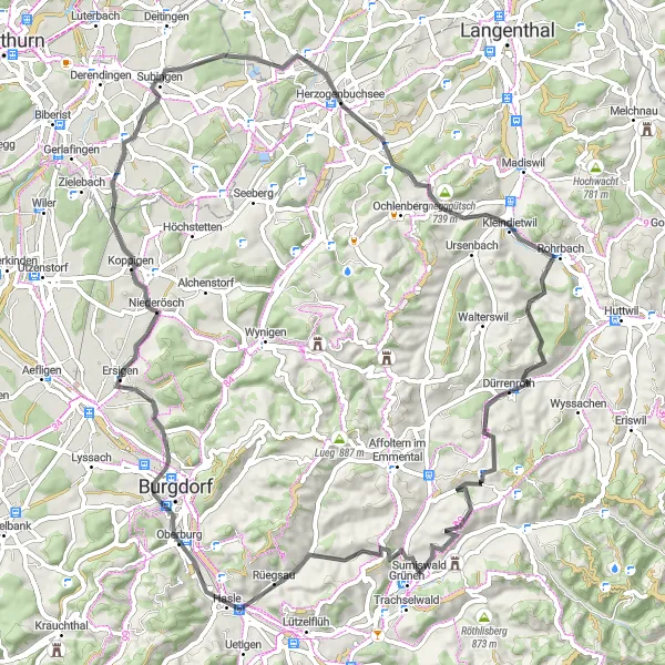 Zemljevid v pomanjšavi "Raznolikost krajin in zgodovinskih znamenitosti" kolesarske inspiracije v Espace Mittelland, Switzerland. Generirano z načrtovalcem kolesarskih poti Tarmacs.app