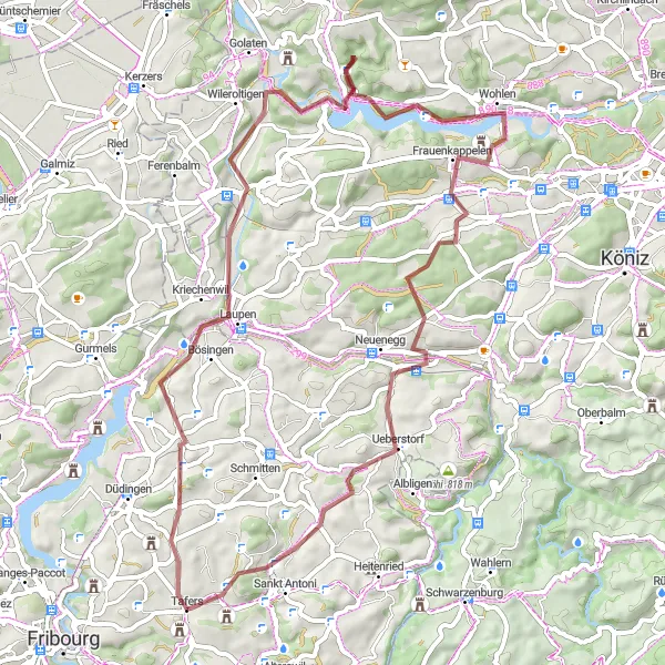Miniatua del mapa de inspiración ciclista "Ruta de grava de Rütihubel - Kriechenwil - Gümmenen - Wohlen - Neuenegg - Hubel - Niedermuhren" en Espace Mittelland, Switzerland. Generado por Tarmacs.app planificador de rutas ciclistas