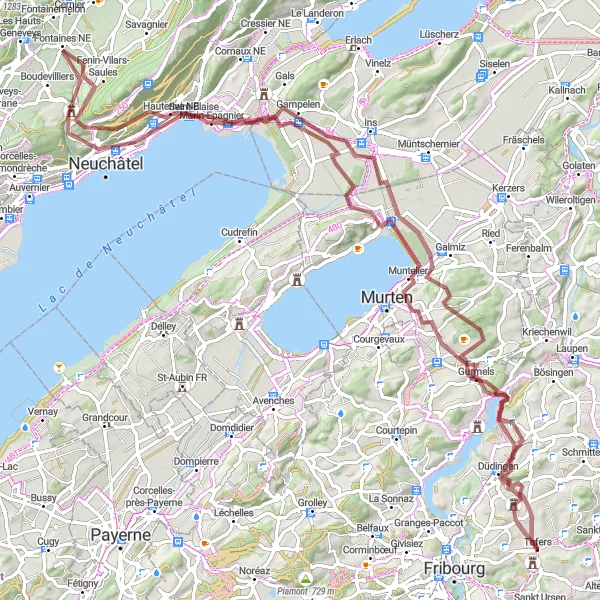 Miniature de la carte de l'inspiration cycliste "Aventure nature entre Jeuss et Gurmels" dans la Espace Mittelland, Switzerland. Générée par le planificateur d'itinéraire cycliste Tarmacs.app