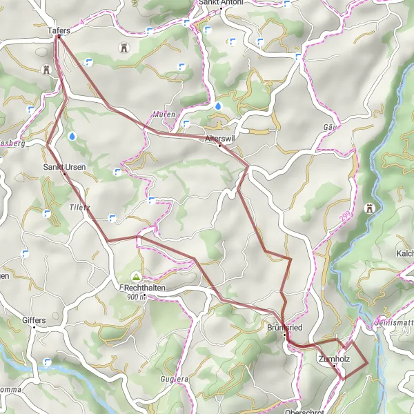 Miniatua del mapa de inspiración ciclista "Ruta de bicicleta de grava Brünisried - Fofenhubel - Sankt Ursen" en Espace Mittelland, Switzerland. Generado por Tarmacs.app planificador de rutas ciclistas