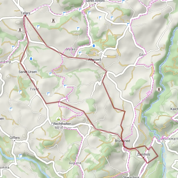 Miniatura della mappa di ispirazione al ciclismo "Tour di 24 km a Tafers" nella regione di Espace Mittelland, Switzerland. Generata da Tarmacs.app, pianificatore di rotte ciclistiche