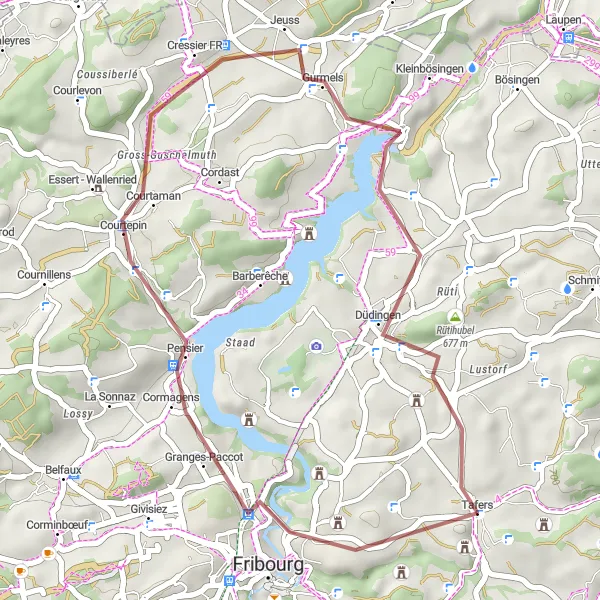 Miniaturní mapa "Gravelový výlet k Fribourgu" inspirace pro cyklisty v oblasti Espace Mittelland, Switzerland. Vytvořeno pomocí plánovače tras Tarmacs.app