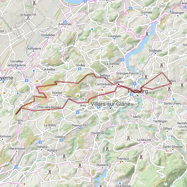 Kartminiatyr av "Fribourg och klocktornet belvedère" cykelinspiration i Espace Mittelland, Switzerland. Genererad av Tarmacs.app cykelruttplanerare