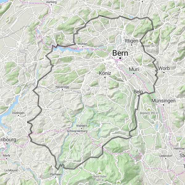 Miniaturekort af cykelinspirationen "Landevejscykelrute rundt om Tafers" i Espace Mittelland, Switzerland. Genereret af Tarmacs.app cykelruteplanlægger