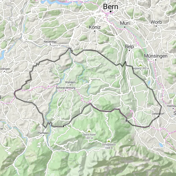 Karttaminiaatyyri "Hillaista maastoa Fribourgin laakson ympäri" pyöräilyinspiraatiosta alueella Espace Mittelland, Switzerland. Luotu Tarmacs.app pyöräilyreittisuunnittelijalla