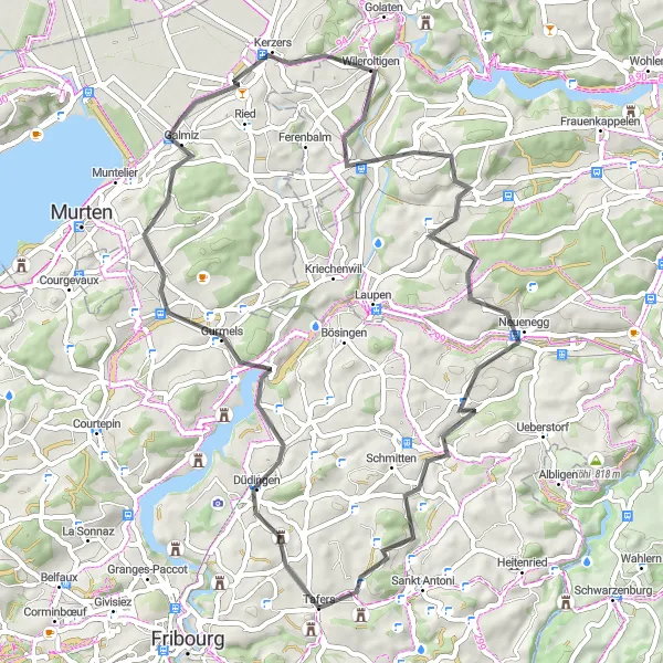 Kartminiatyr av "Tafers - Gurmels - Kerzers - Mühleberg - Neuenegg - Lanthen - Wilerholz Rundtur" sykkelinspirasjon i Espace Mittelland, Switzerland. Generert av Tarmacs.app sykkelrutoplanlegger