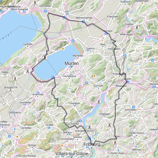 Kartminiatyr av "Cykla till Laupen genom Fribourg och Ins" cykelinspiration i Espace Mittelland, Switzerland. Genererad av Tarmacs.app cykelruttplanerare