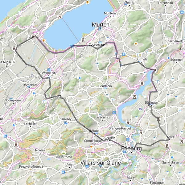 Kartminiatyr av "Clock Tower Belvedère - Belfaux - Bellerive VD - Münchenwiler - Gurmels Rundtur" sykkelinspirasjon i Espace Mittelland, Switzerland. Generert av Tarmacs.app sykkelrutoplanlegger