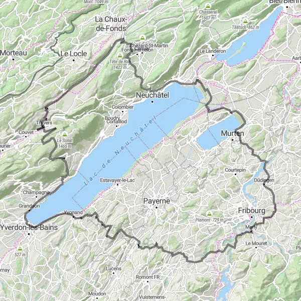 Kartminiatyr av "Landsbyveier gjennom Neuchâtel og Morat innsjøene" sykkelinspirasjon i Espace Mittelland, Switzerland. Generert av Tarmacs.app sykkelrutoplanlegger