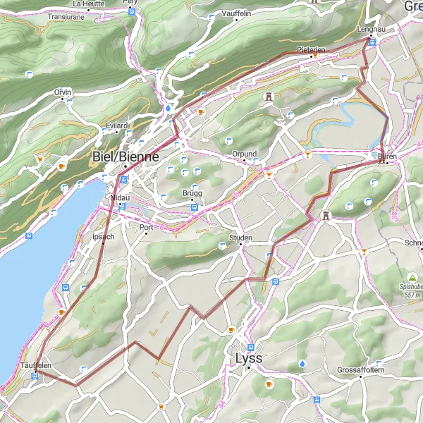 Mapa miniatúra "Gravel okolo Nidau" cyklistická inšpirácia v Espace Mittelland, Switzerland. Vygenerované cyklistickým plánovačom trás Tarmacs.app