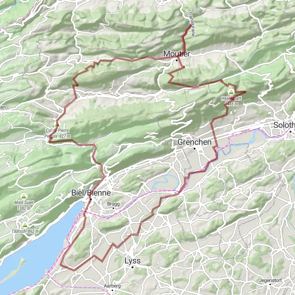 Karttaminiaatyyri "Gravel-seikkailu järvimaisemissa" pyöräilyinspiraatiosta alueella Espace Mittelland, Switzerland. Luotu Tarmacs.app pyöräilyreittisuunnittelijalla